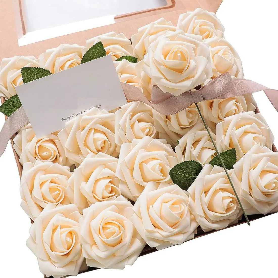 50pcs Champagne Foam Roses with Green Leaves - Ideal for DIY Wedding Bouquets, Bridal Showers, Party Decorations, and Home Office Table Centerpieces, DIY Bouquet Making | Natural Look Flowers | Glossy Finish Roses, Bouquet Accessories, Best for Christmas