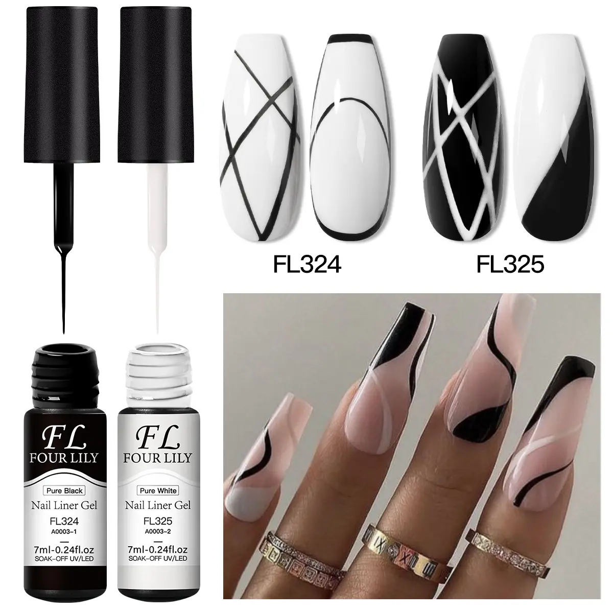 FOURLILY 2-Piece Black and White Liner Gel Nail Polish Set, Gel Polishes, 2-in-1 Ultra-Fine Brush Head for French Manicure, Line Drawing, Graffiti, and Stripe Design, Gel Varnish Gift for Women and Girls