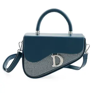La Marey Blue Faux Leather and Rhinestone Sparkling Crossbody Bag with Shoulder Strap