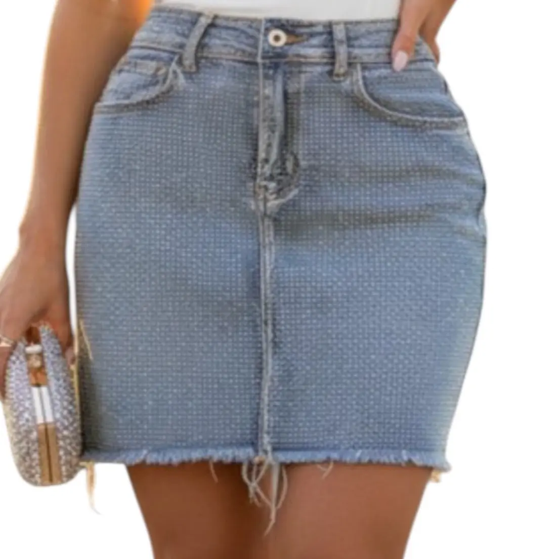 Rhinestone Denim Skirt With