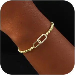 Women's Handmade Beaded Stretch Gold Plated Bracelets - Elegant Jewelry, Fashion Bangles, Elastic Fit, Dainty Ball Charm, Stackable Christmas Stocking Stuffer Gifts for Her, Gold Plated Bracelet, Elegant Jewelry Bracelet