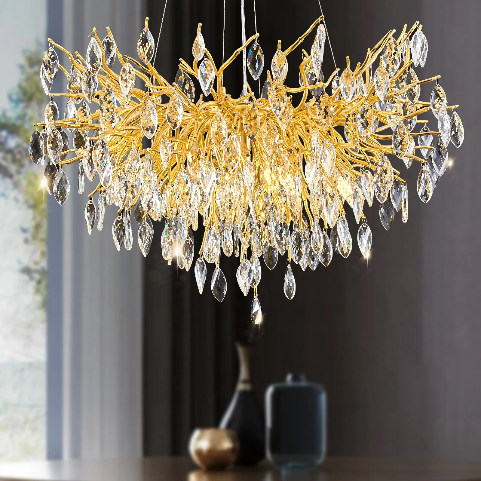 Gold Tree Branches Chandelier, 31.5" Dining Room Light Fixture Over Table, Modern Living Room Chandeliers with K9 Crystal, 10-Light Round Chandelier for Kitchen Island, Bedroom, Entryway, Bathroom