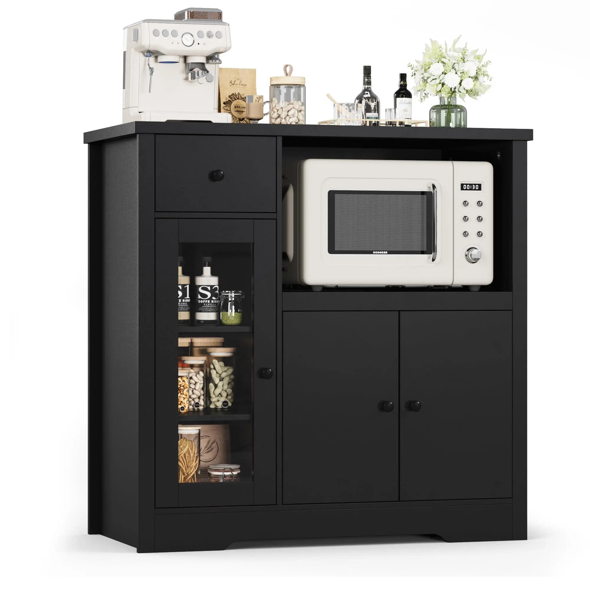 GARVEE Kitchen Microwave Cabinet with Storage, 3 - Door Buffet Sideboard Featuring 1 Drawer and Adjustable Shelves for Pantry Storage,Black
