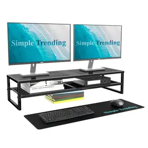 Simple Trending 2-Tier Metal Dual Monitor Stand With 32"x10" Mouse Pad , Computer Office Desktop Organizer for 2 Monitors , Laptop, Printer, for Home, Office, Black
