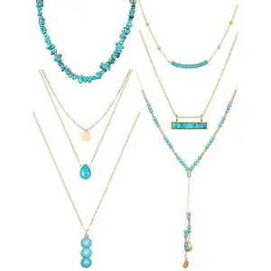 6 Pcs Turquoise Jewelry for Women Western Jewelry Boho Necklaces Gold and Turquoise Necklace Suede Choker Long Chain Tassels outdoorfun