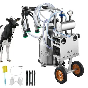 VEVOR Electric Cow Milking Machine, 6.6 Gal / 25 L 304 Stainless Steel Bucket, Food-Grade Teat Cups and Silicone Hose, Strong Suction, Vacuum Pulsation, Electric Milker Machine with Wheels for Cow