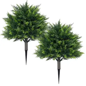 Weatherproof Artificial Cypress Topiary Trees Set of 2/4 – 23.6'' UV-Resistant Faux Cedar Ball – Realistic Decorative Fake Plants for Outdoor Porch & Front Door, with Ground Spikes