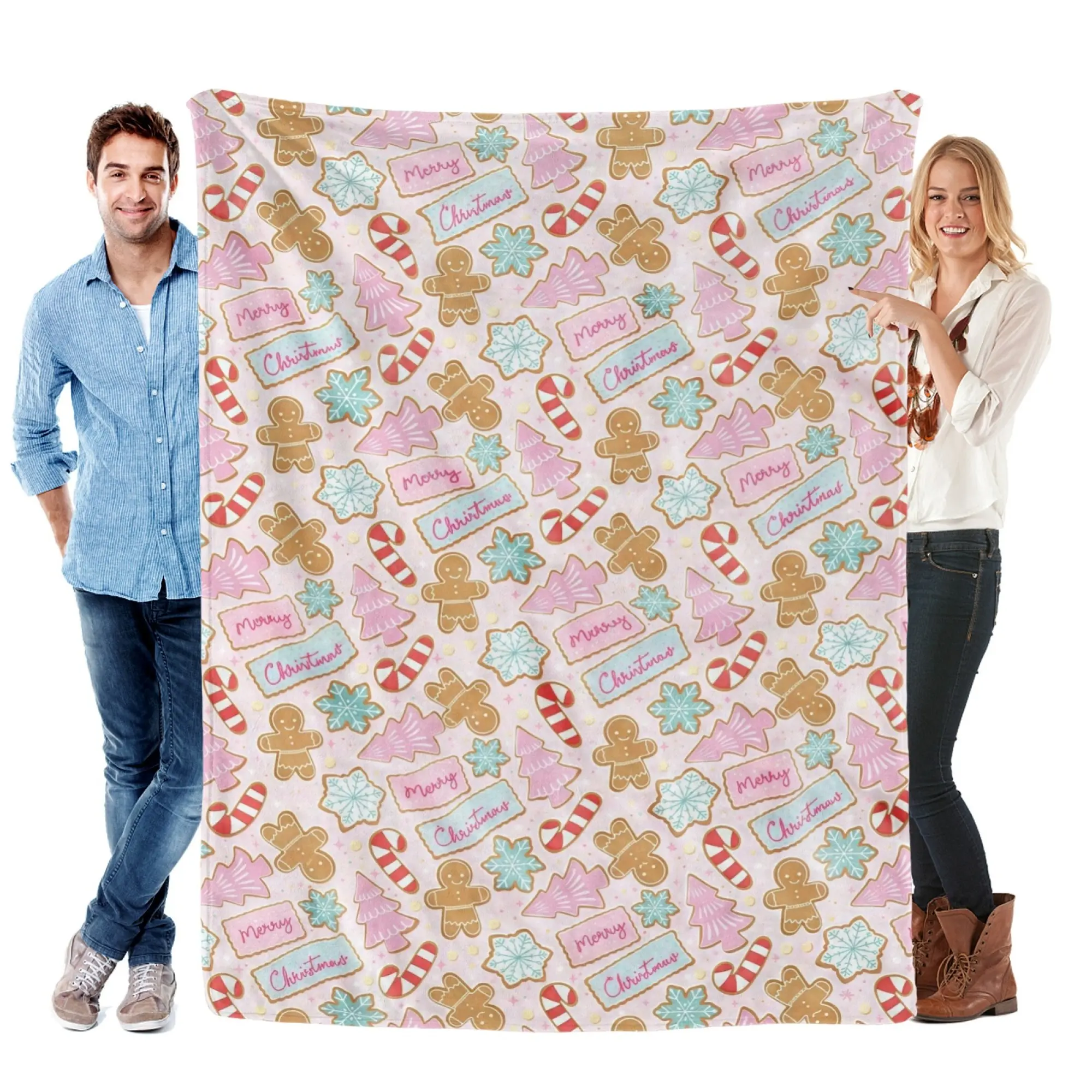 Cute Pink Gingerbread Christmas Fleece Blanket Sweet Pastel Base Gingerbread Man Candy Stick Snow Xmas Tree Biscuit Allover Print Cozy Blanket For Holiday Naptime Living Room Couch