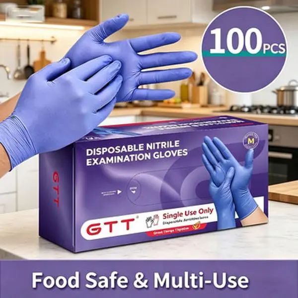 100 Pcs Purple Disposable Nitrile Exam Gloves Pack - Latex-Free, Powder-Free, Non-Sterile, Waterproof, Flexible Durable, Puncture Resistant, Disposable Single-Use Design - Home Care Cleaning Gloves Box for Medical, Cooking