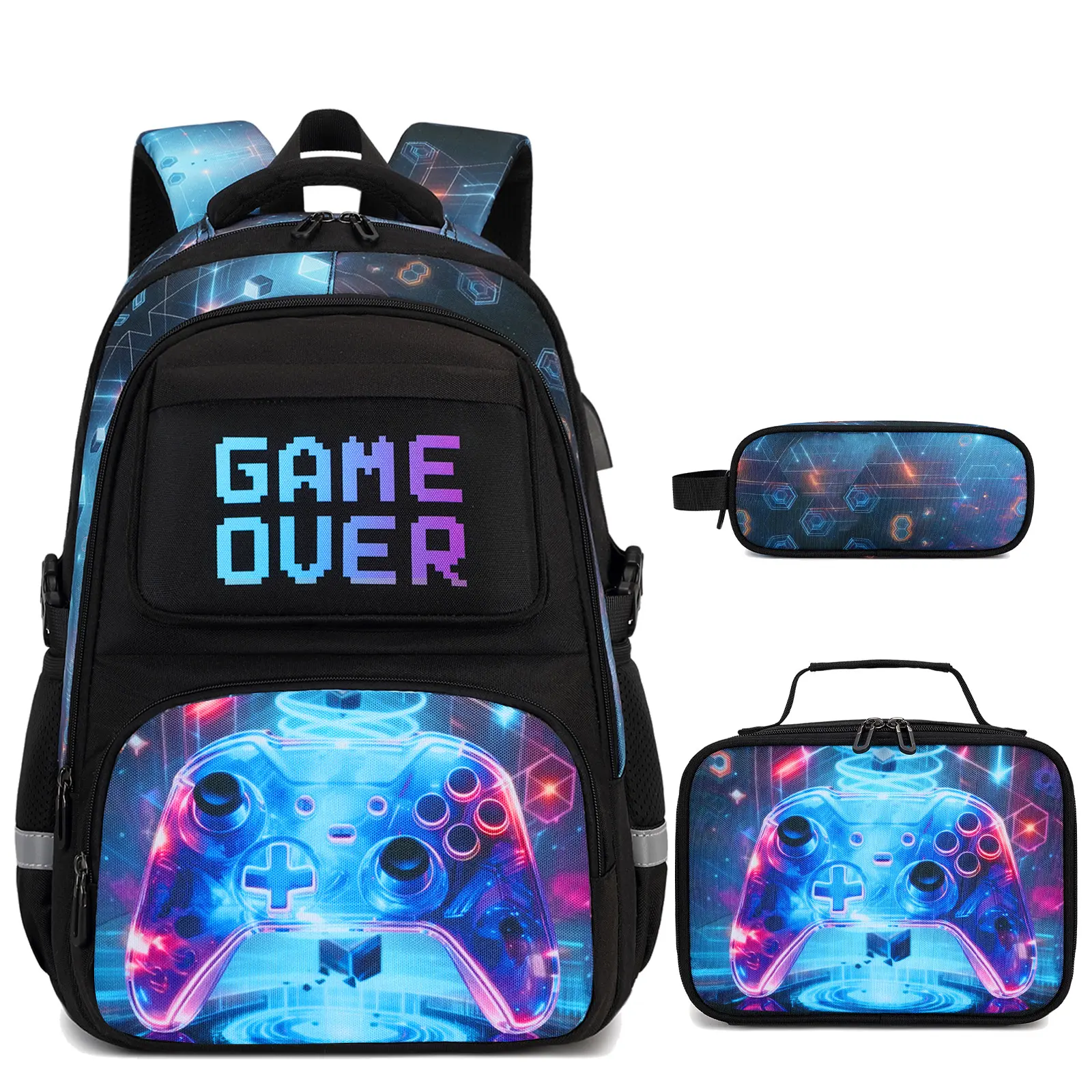 SIMILOVE 18in Edgy Futuristic Waterproof Fabric Gamer Backpack Set (3pcs) for 11-12 Years, Backpacks for School, with USB Charging Design, Halloween Flame Pattern, 11.8in Wide Space, Pocket, Lunch Box & Pencil Case
