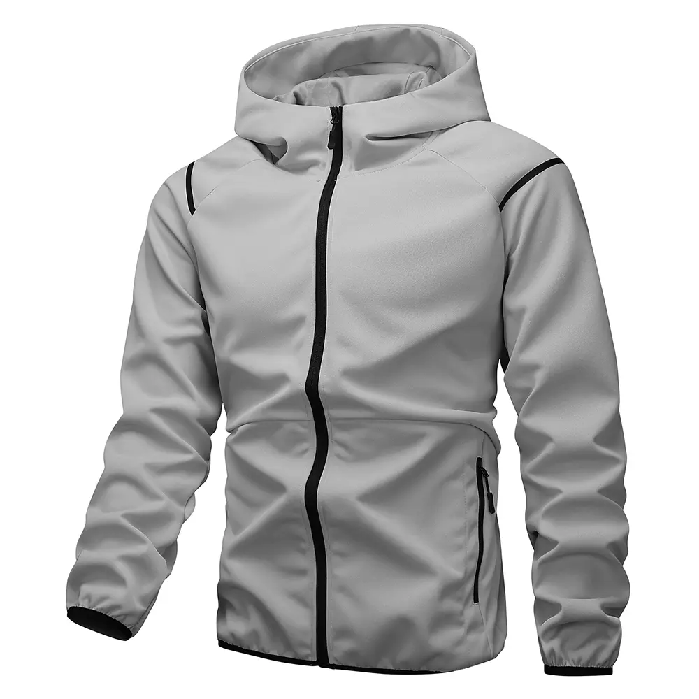 Men's Hooded Softshell Jacket Full Zip Windbreaker Lightweight Water Resistant Outdoor Sports Coat with Zipper Pockets for Hiking Cycling Running