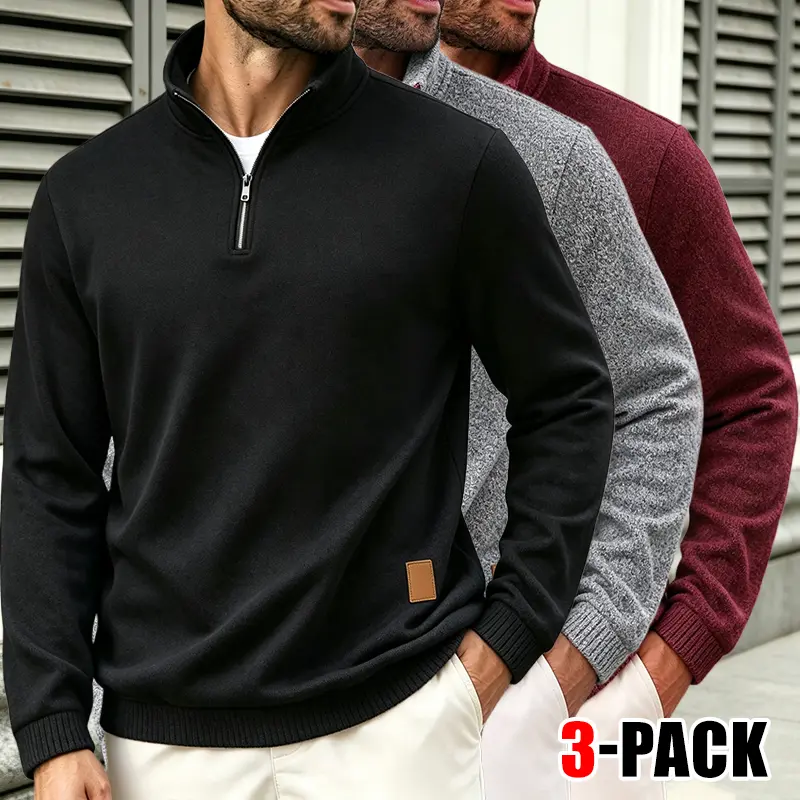 3-pack men’s quarter-zip stand collar sweatshirts, suitable for daily shopping and casual business meetings, ideal as a commuter top and layering layer