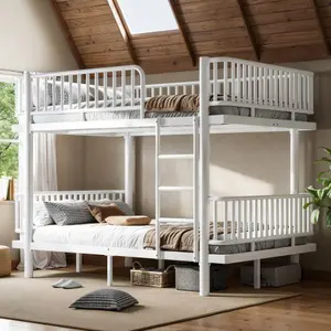 [Bellemave]Bunk Bed with Ladders & Guardrails, Metal Bunk Bed Frame with Upgraded Safety Round-Pipe Design, Can Transformed into 2 Platform Bed, White
