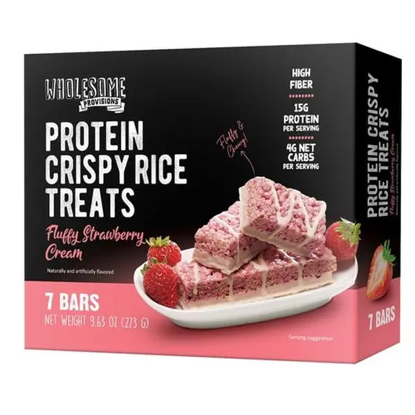 Strawberry Cream Protein Rice Crispy Treats - 15g Protein, Low Carb 4g Net, High Fiber, Soft & Chewy