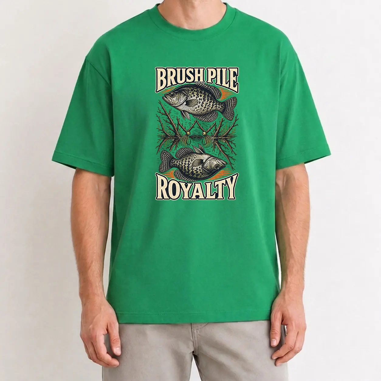 XTAUTO Brush Pile Royalty Crappie Fishing T-Shirt, Unisex 220G Cotton Crew Neck Tee, Vintage Brush Pile Twin Crappie Jig Graphic, Freshwater Angler Apparel, Fishing Gift for Men & Women