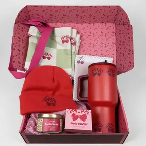 The Cherry Box Bundle - Cherry Gift Box Set, Cute Aesthetic Bundle, 40oz Tumbler, Tote Bag, Beanie, Candle, Notepad, Ready to Gift Set for Her