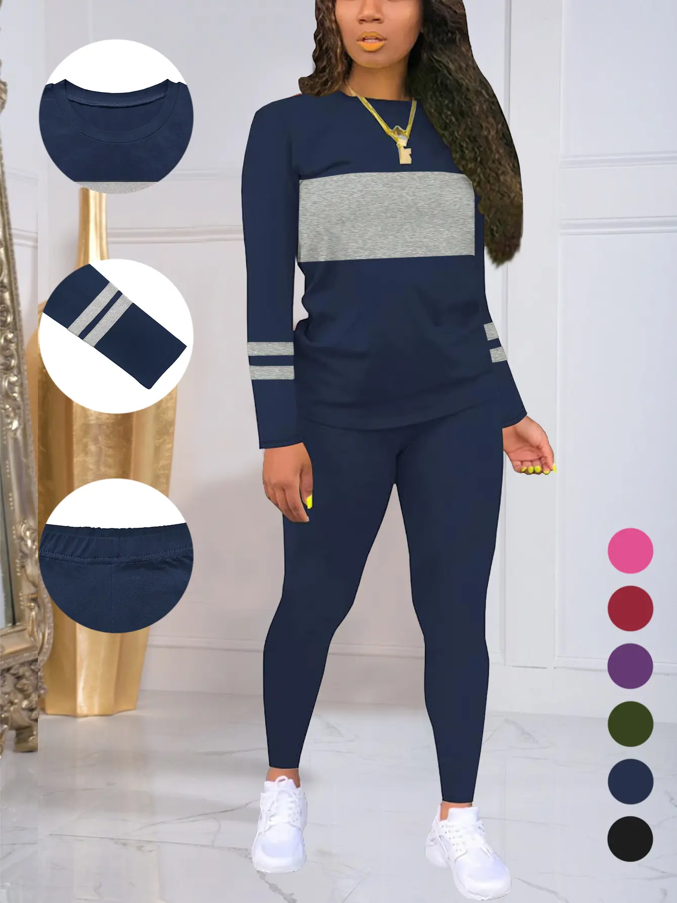 Women's Solid Knit 2 Piece Set, Casual Loungewear with a Long Sleeve Crew Neck Pullover and Fitted Pants, Knitting, Round, Fitted Cut
