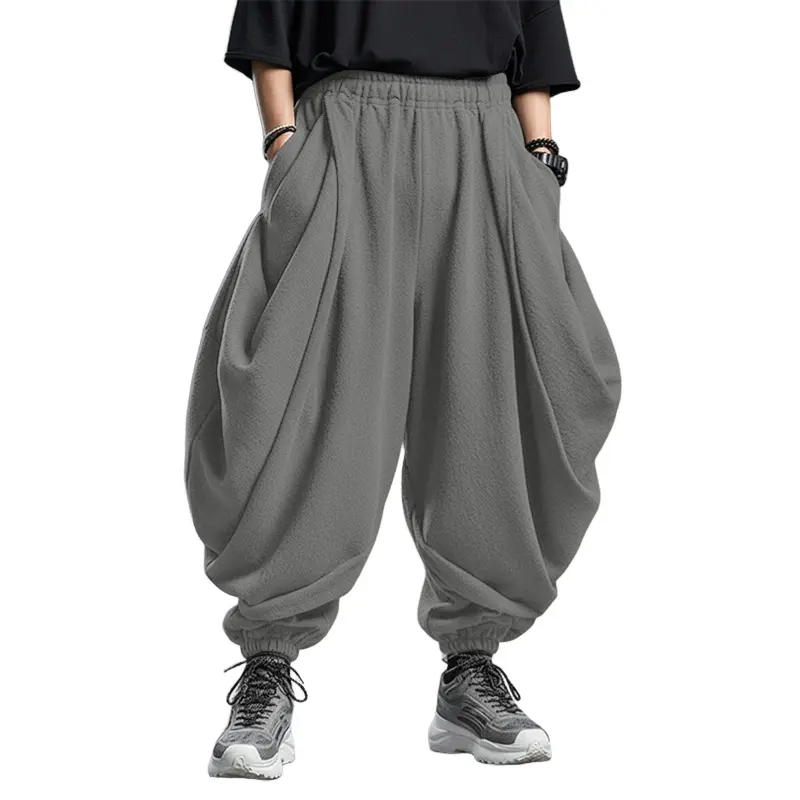 INCERUN Men's Streetwear Textured Fleece Harem Joggers with Baggy Fit, Draped Pockets and Gathered Cuffs, Clothes