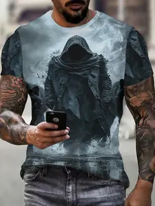 Men's Dark Gothic Robe & Wolf Print T-Shirt - Full-Body Short Sleeve Round Neck Casual Top with Wolf & Robe Design Suitable for Casual Attire, Themed Events, Machine Washable Digital Shirt