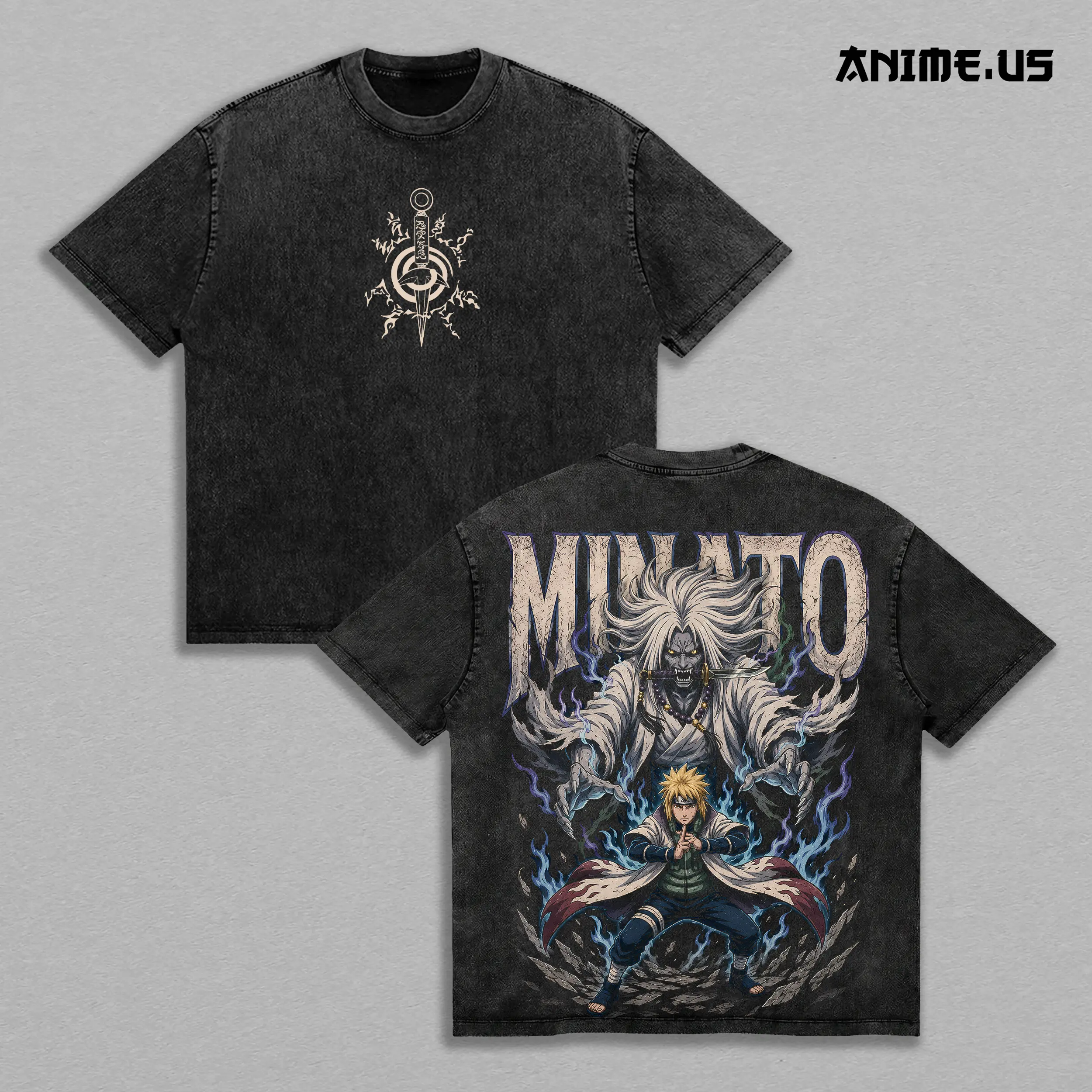 Minato Namikaze Naruto Double Printed Anime Graphic Tee, Yellow Flash Fourth Hokage Heroic Sacrifice Legacy Aura Oversized Washed Cotton Unisex Streetwear