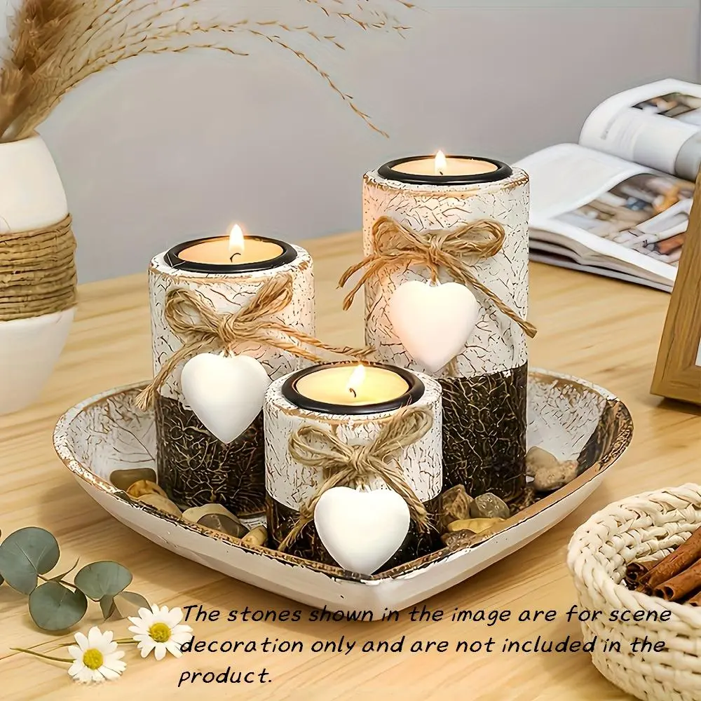 Valentine Heart Wooden Candlestick Set, Candlesticks, Rustic Farmhouse Style, Decorative Rope Knots & Stones, Tabletop Decoration, Candle Holder, Home Decor, Decoration Items