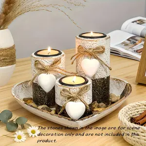 Valentine Heart Wooden Candlestick Set, Candlesticks, Rustic Farmhouse Style, Decorative Rope Knots & Stones, Tabletop Decoration, Candle Holder, Home Decor