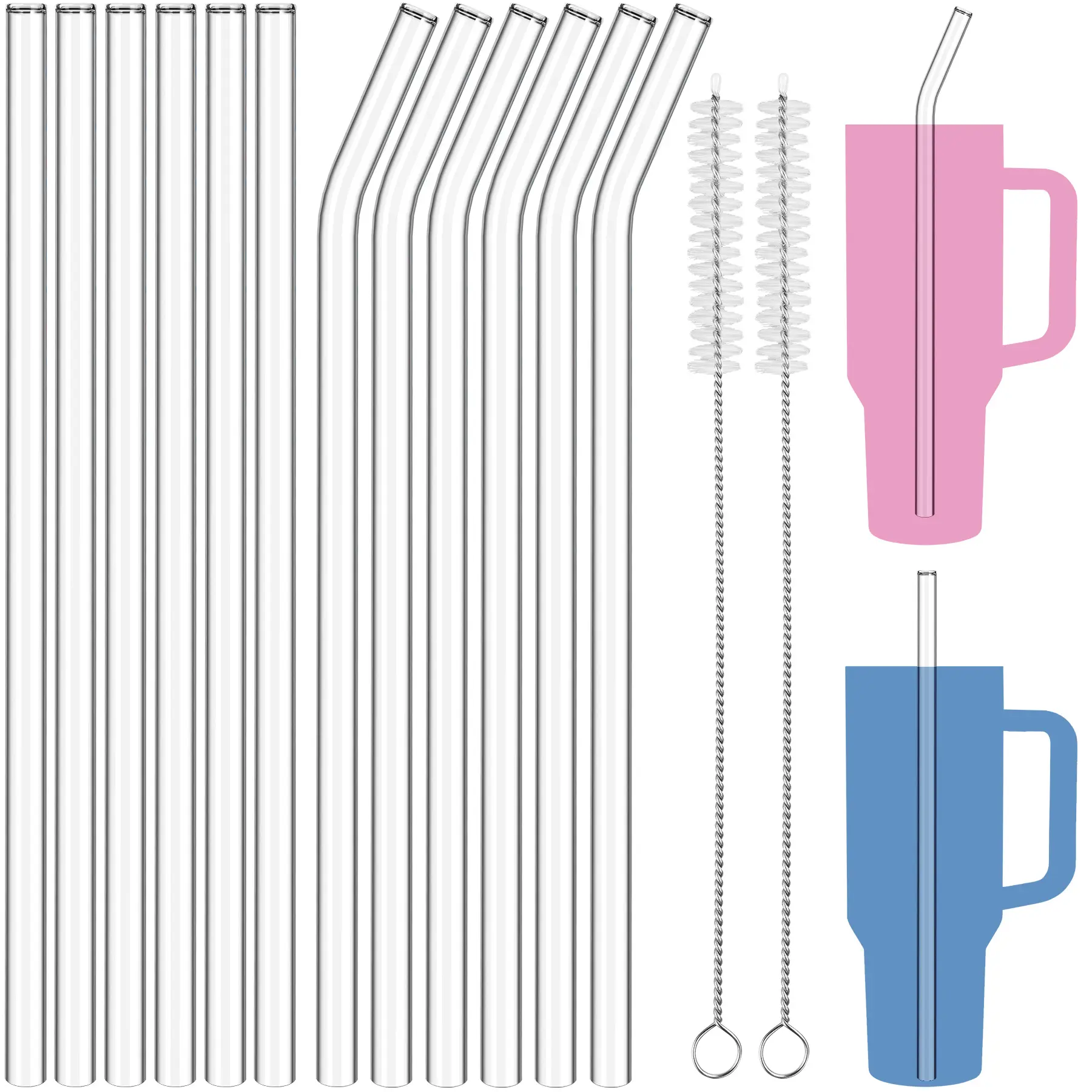 NiHome 12PCS Clear Glass Reusable Straws Fit for Stanley H2.0 40oz Tumbler, 6 Straight + 6 Bent with 2 Brushes, 12’’ Long 0.4’’/10mm Diameter, Enhances Drinking Experience Prevents Spills, Dishwasher Safe