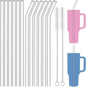 NiHome 12PCS Clear Glass Reusable Straws for Stanley H2.0 40oz Tumbler, 6 Straight + 6 Bent with 2 Brushes, 12’’ Long 0.4’’/10mm Diameter, Enhances Drinking Experience Prevents Spills, Dishwasher Safe
