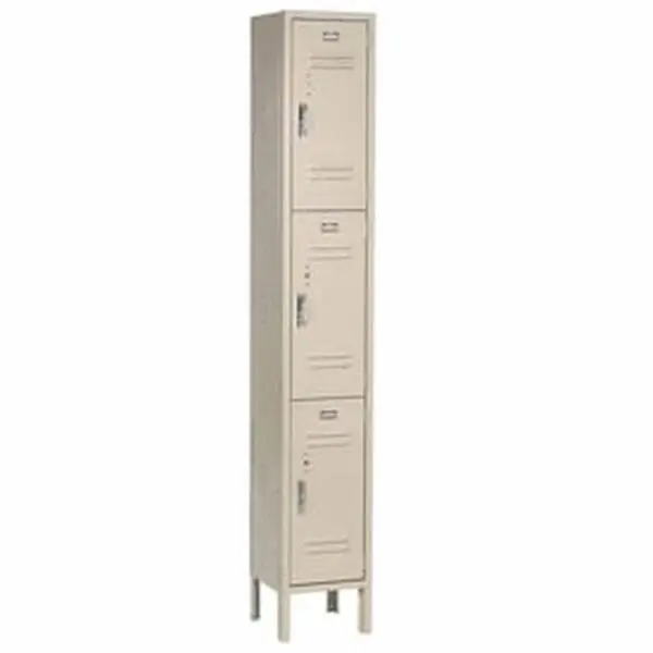 Global Industrial 238230TN Heavy-Duty Tan Powder Coated Triple-Tier Paramount Locker Cabinet, 12x15x24in, 3 Steel Doors, 78" Overall Height, Floor Mount, Louvered, Promotes Ventilation, Finished Sides, Includes Blank Number Plates, Assembly Required