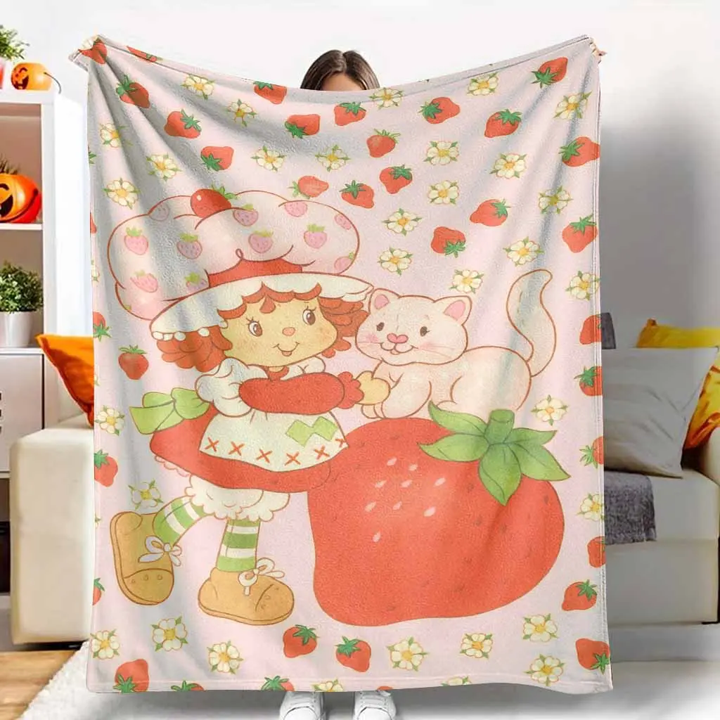 Strawberry Shortcake Flannel Cozy Blanket - Cartoon Pattern Food-Themed Blanket, Retro Print, Ideal for Bed & Sofa, Holiday Home Decoration Gift, TikTok Shop Spring Glowup Item, Cartoon Pattern Blanket
