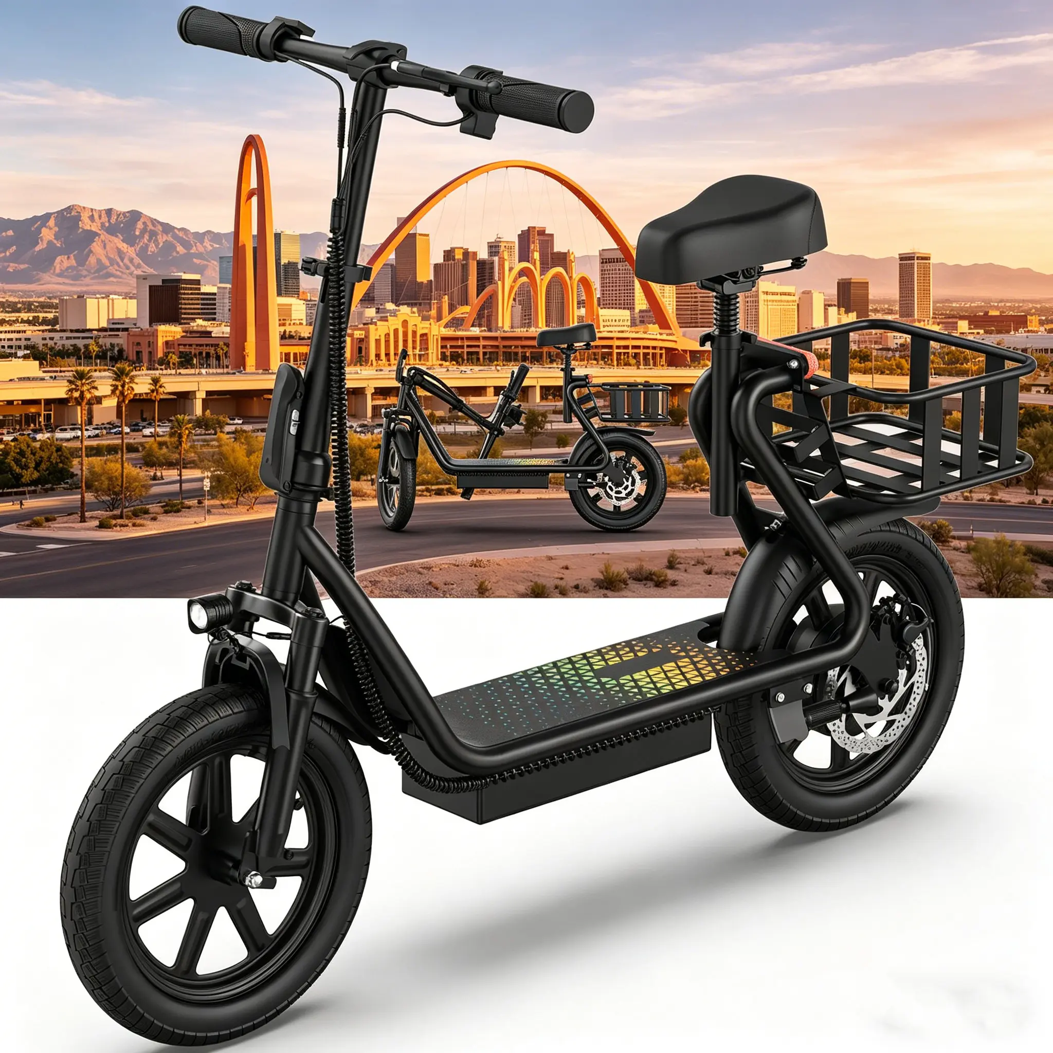 A High Performance Adult Electric Scooter 48V 10.4Ah Battery 22MPH Fast Riding 21-27 Miles Long Range Seat Included Pet-Friendly Rear Basket for Daily Commute