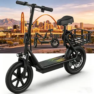 A High Performance Adult Electric Scooter 48V 10.4Ah Battery 22MPH Fast Riding 21-27 Miles Long Range Seat Included Pet-Friendly Rear Basket for Daily Commute