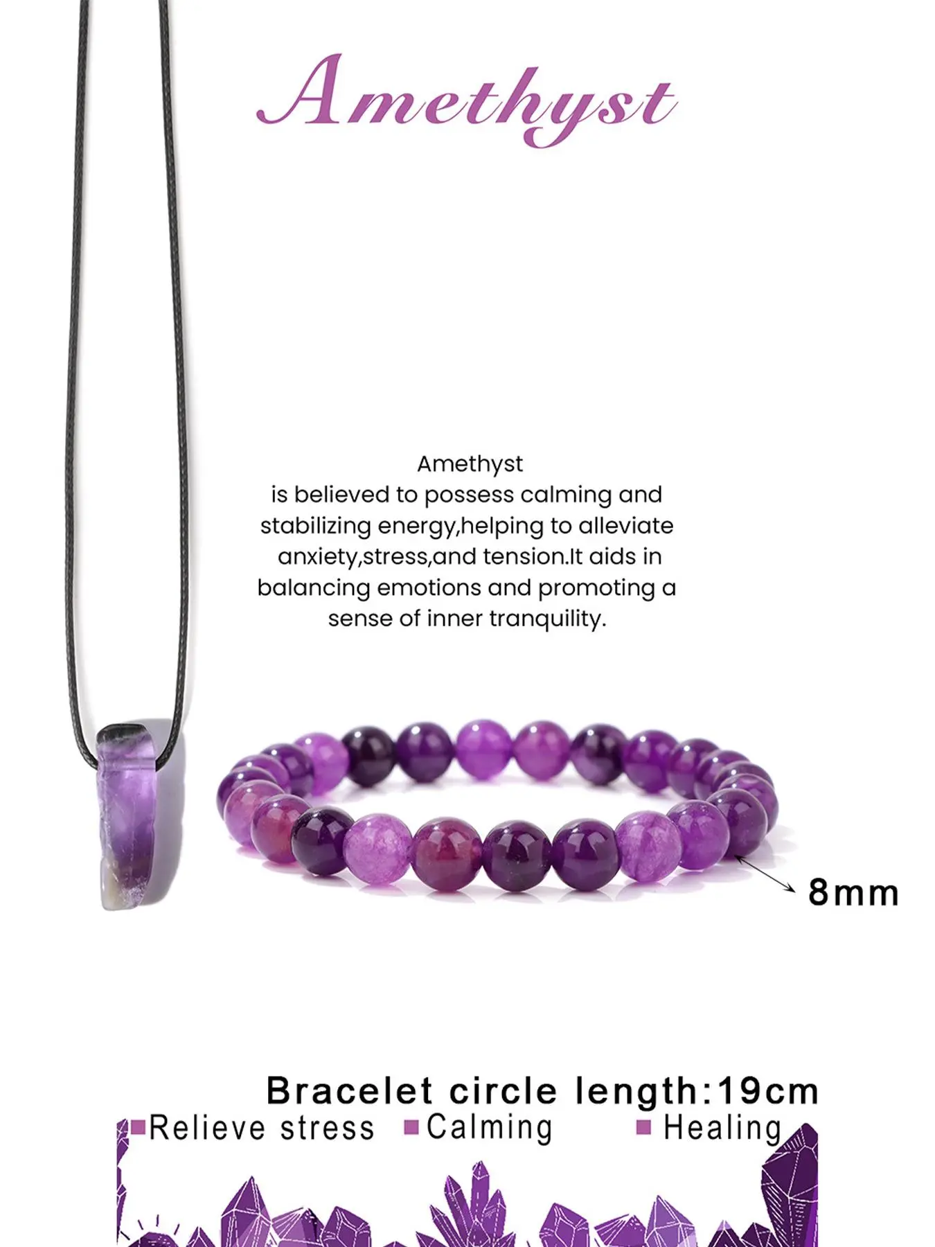 Anxiety Relief Bracelet and Necklace Pendant Set, Crystal Jewelry, Amethyst for Calmness, Stability, Luck, Energy Balancing, Inner Tranquility, Couples Natural Crystal Gift for Men and Women, Unisex, Adults