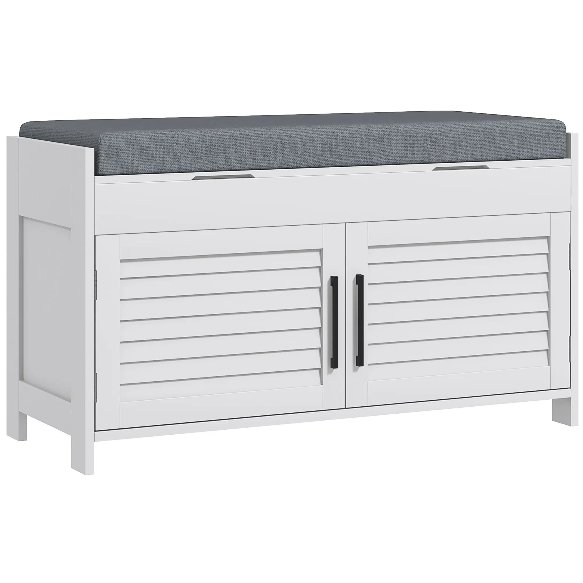 HOMCOM Shoe Bench, Entryway Bench with Shoe Storage, Cushion, Hidden Compartments, Adjustable Shelves and Shutter Doors, 35.4" Shoe Organizer for Entryway, Hallway, Holds Up to 352 lbs., White
