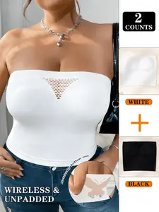 2pcs Plus Size Strapless Bandeau Top  Super Stretchy Ribbed Knit Camisole  Seamless Mesh Insert Tube Top for Daily Wear & Training