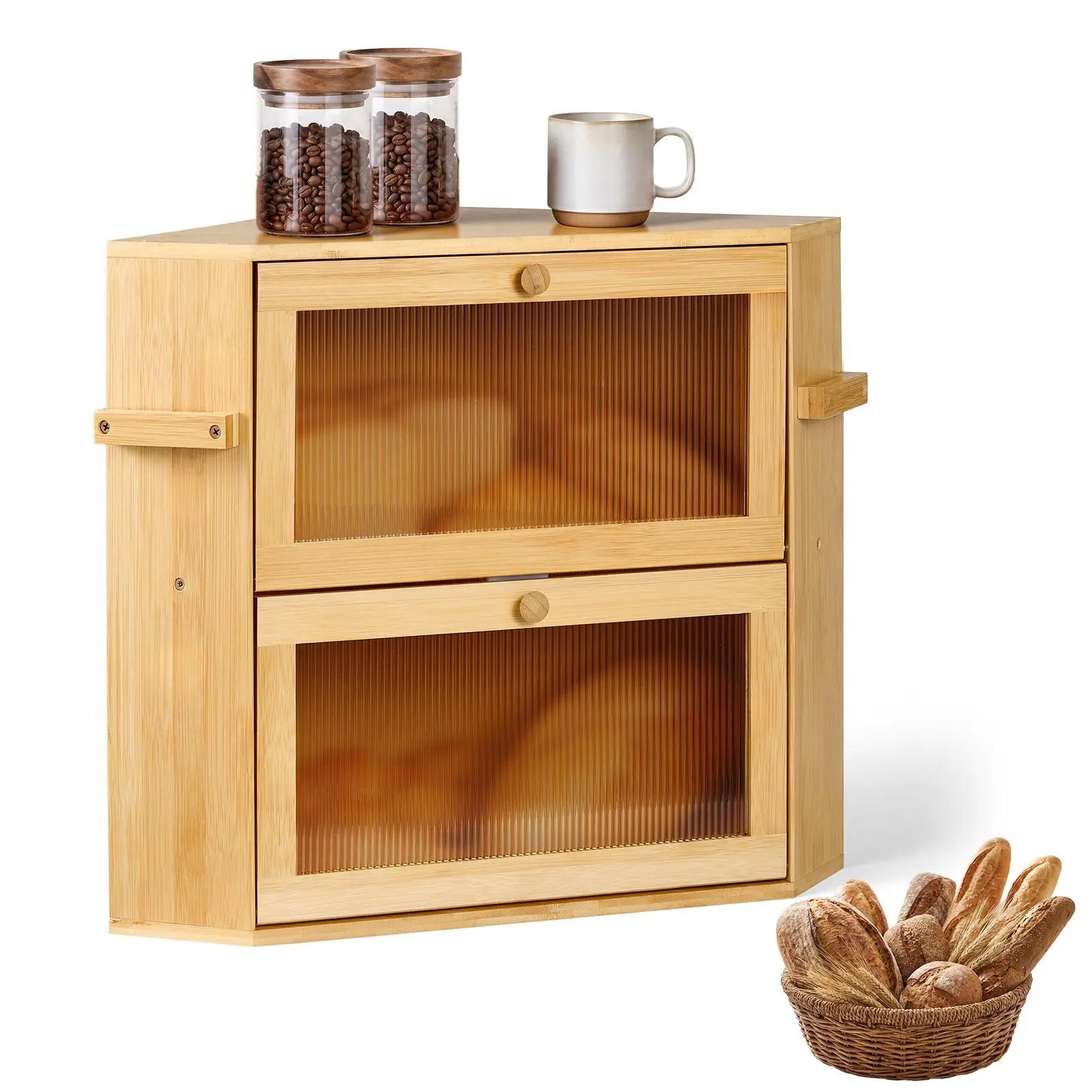 VEVOR Wooden Corner Bread Box for Kitchen Counter Storage, Natural Bamboo Container with Acrylic Door & Air Vents, Double-Layer Farmhouse Bin for Under Cabinet or Pantry