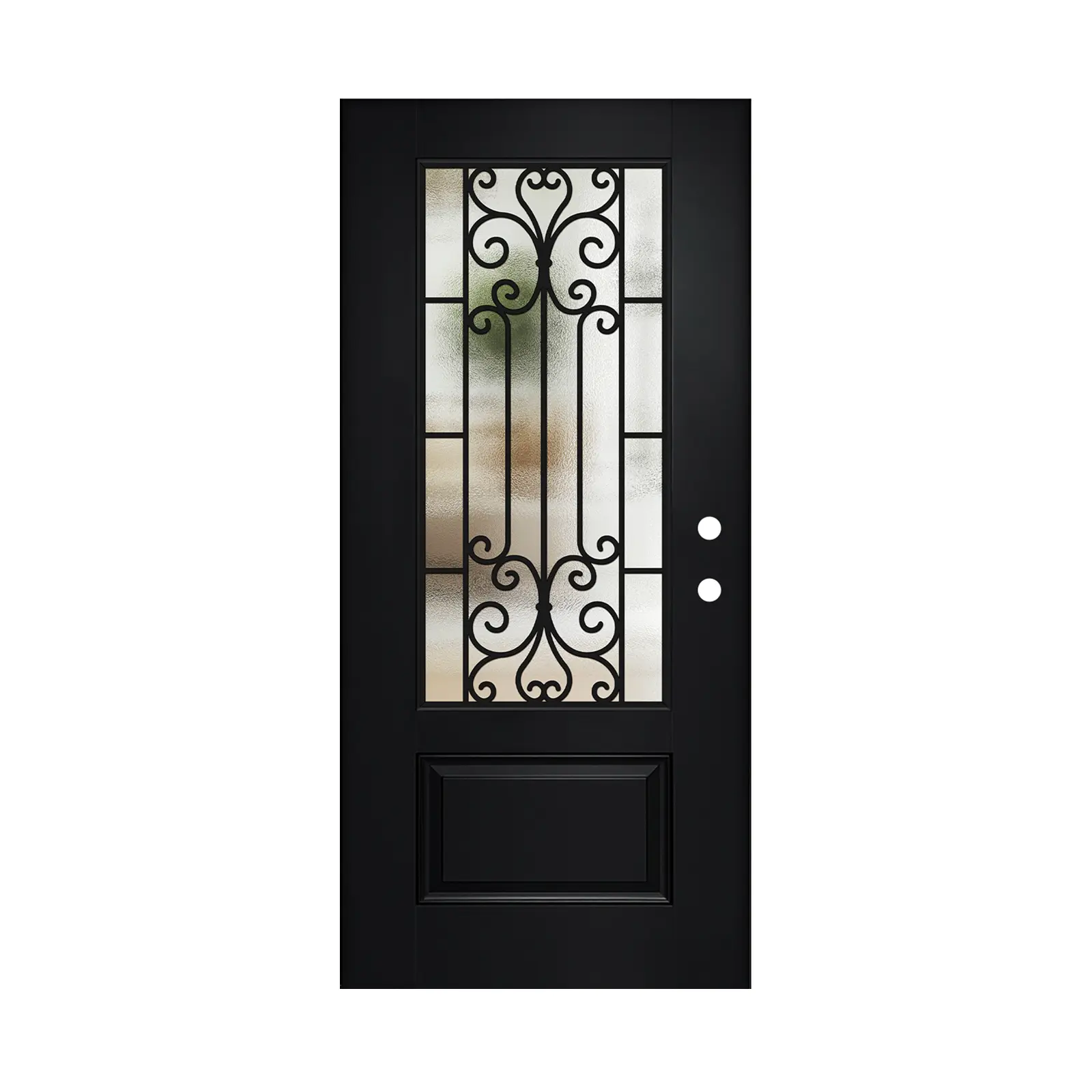 36x80 Left-Hand Inswing Fiberglass Entry Door Slab, Linear Texture, 3/4 Lite Wrought Iron Glass with Low-E, Black, Modern Style for Garden & Outdoor