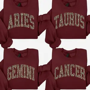 Maroon Leopard Print Zodiac Hoodie, Minimalist Astrology Sweatshirt, Custom Star Sign, Cheetah Graphic Top, Horoscope Gift For Her, Vintage Vibe, Trendy Crewneck, Cozy