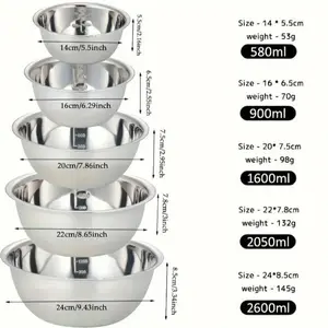 Stainless Steel Mixing Bowls Set with Scale, 5 Pieces, Nesting Salad Bowls, Ideal for Baking, Preparing, Washing, Serving Food, Home Kitchen Essentials