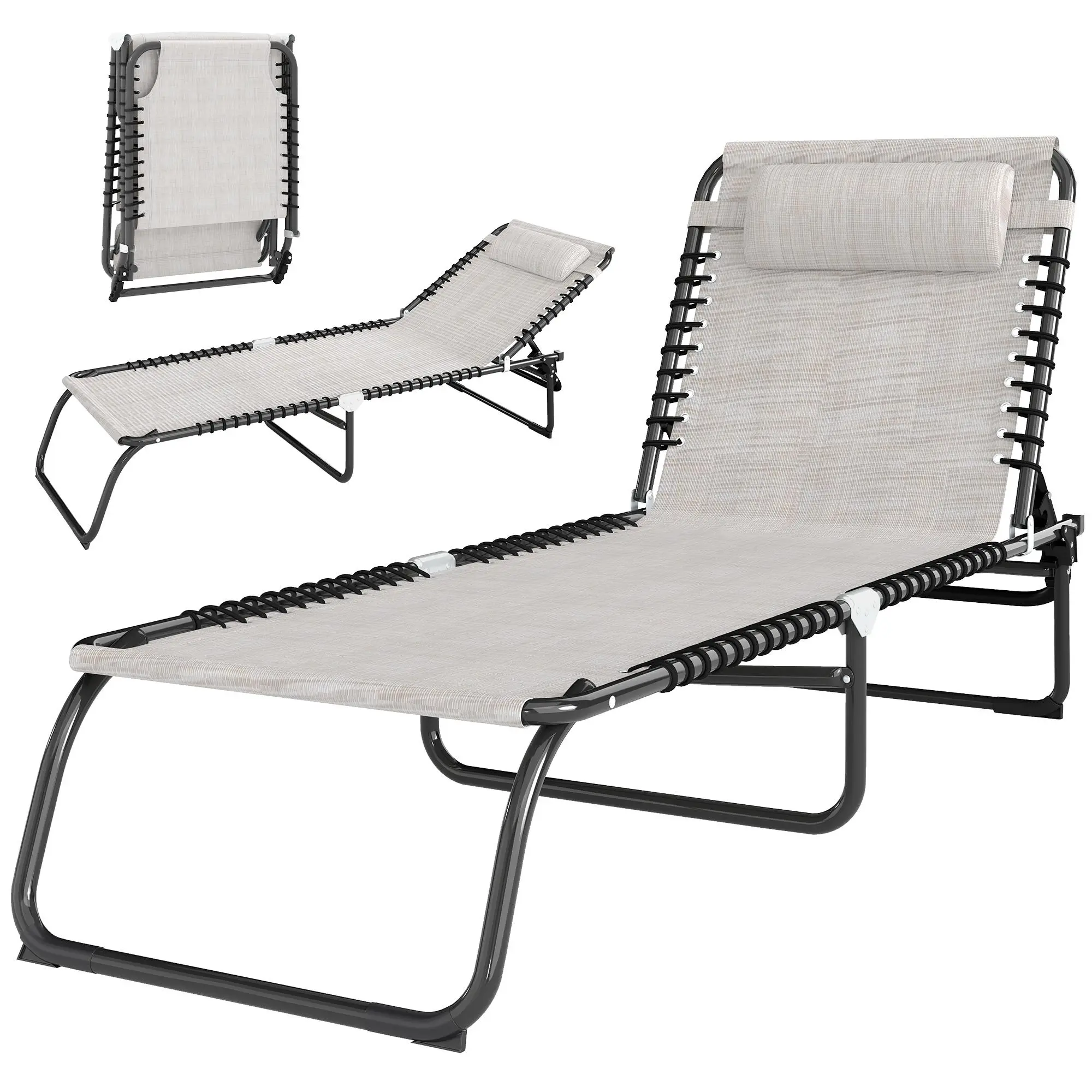 Folding Chaise Lounge Chair – Cream White, 4-Position Reclining Back. Breathable Mesh & Bungee Seat. Includes Pillow. Lightweight & Portable – Folds Flat. 264 lb Capacity