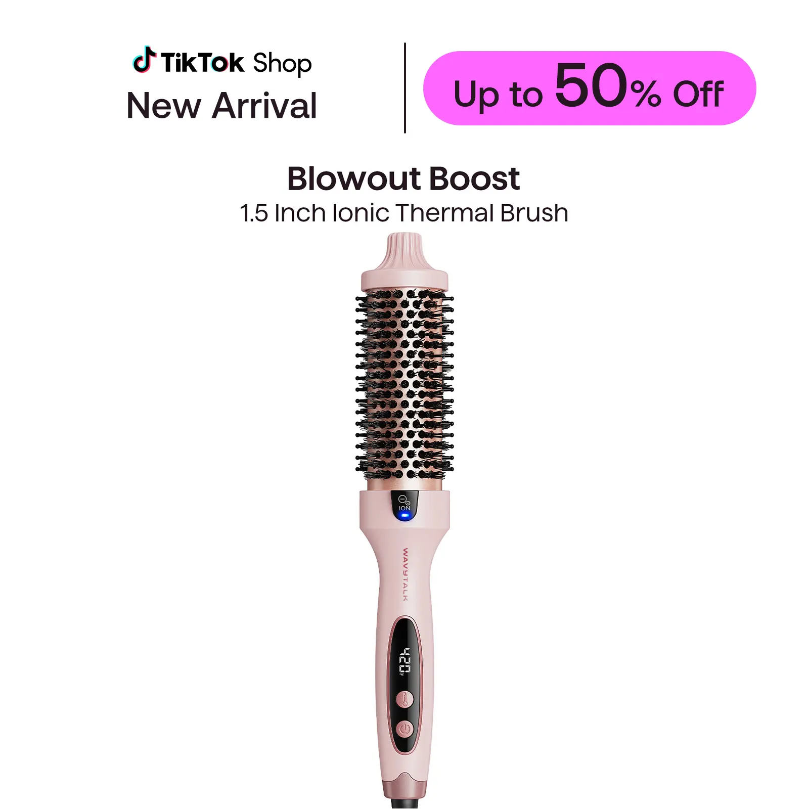 Wavytalk Thermal Brush, Blowout Boost 1.5 inch Heated Round Brush for Blowout Look, Dual Voltage, Pink, Sakura, Tourmaline Ceramic, Negative Ion Technology, 5 Temperature Settings, Less Damage