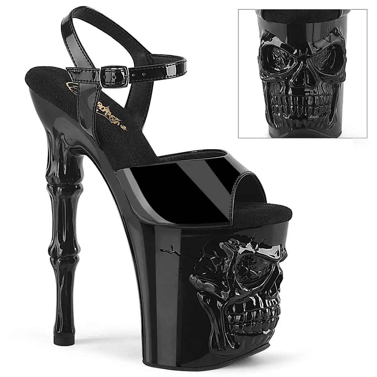 Chic 8" Stiletto Heels for Women, Elegant Black Patent 4" Platform Sandals with Ankle Strap and Skull & Bones Detail, Rapture-809