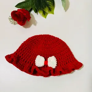 Crochet Red Hat with Bow Detail and Soft Fabric
