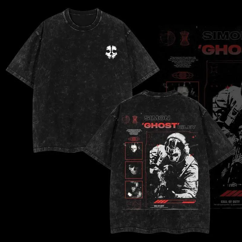 Ghost COD Double Sided Printed Oversized Acid Washed Cotton T Shirt Lightweight Heavyweight Game Graphic Short Sleeve Crewneck Casual Daily Streetwear Fashion Top Soft Premium Fabric Trendy Menswear Apparel for Call of Duty Game Fans