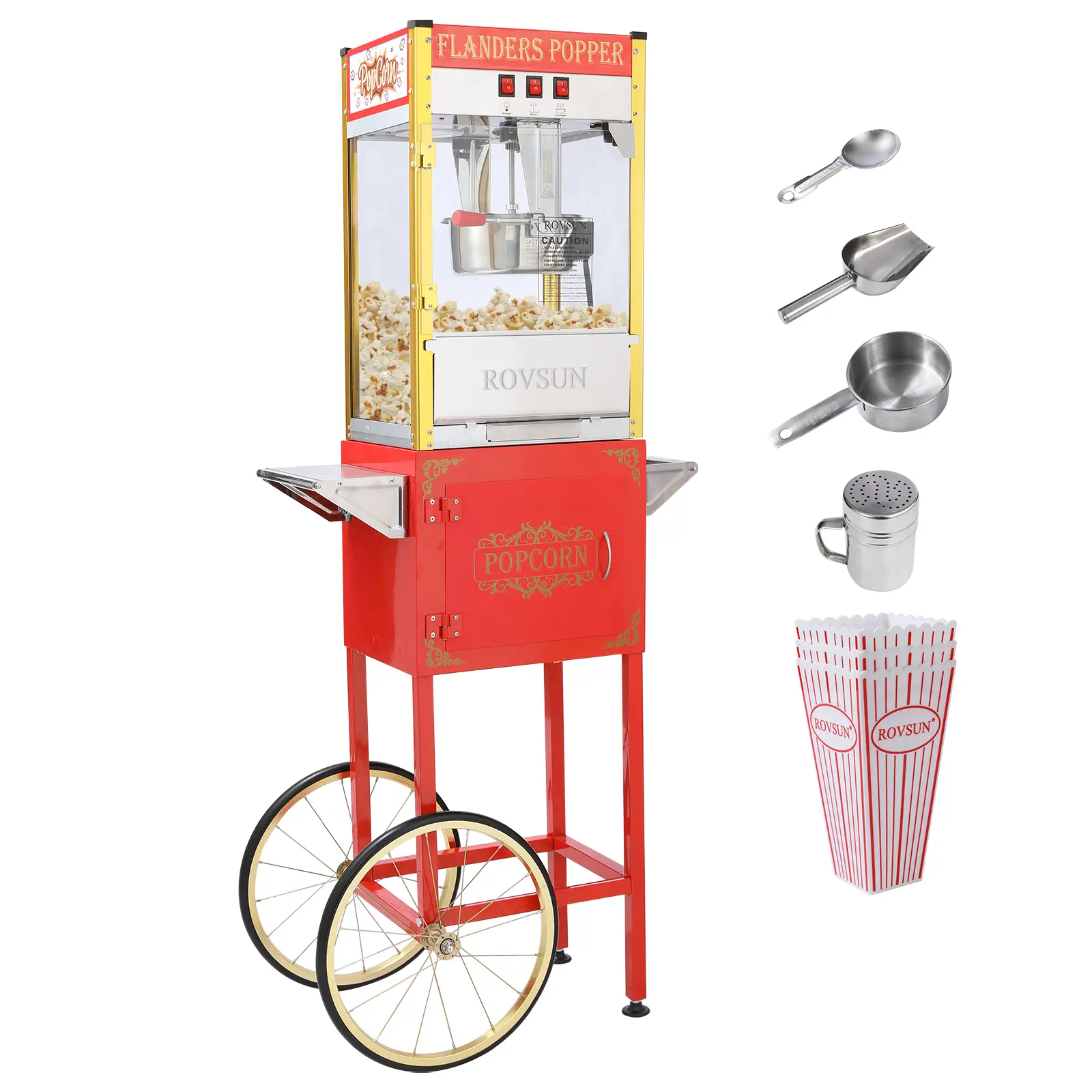 ROVSUN Popcorn Machine Movie Theater Style with Cart & Wheels, 8/10 Ounce Kettle Makes Up to 32 Cups Popcorn Maker with Popcorn Scoop, Oil Spoon & 3 Popcorn Cups for Commercial Home, 850W