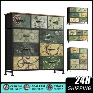 Tall 6 Drawers Dresser, Vintage Storage Organizer Unit with Fabric Bins for Bedroom, Living Room, Closet, Nusery, Dorm, Entryway, Bedside Furniture, Sturdy Metal Frame, Wood Top Bedside table with a movable fabric box, sturdy steel-framed wooden