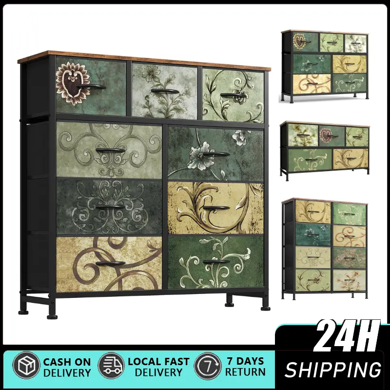 Vintage 6-Drawer Fabric Bin Dresser - Sturdy Steel-Frame Indoor Storage Organizer with Wood Top, Metal Base, Movable Bins, Dressers with Drawers for Bedroom, Nursery, Entryway