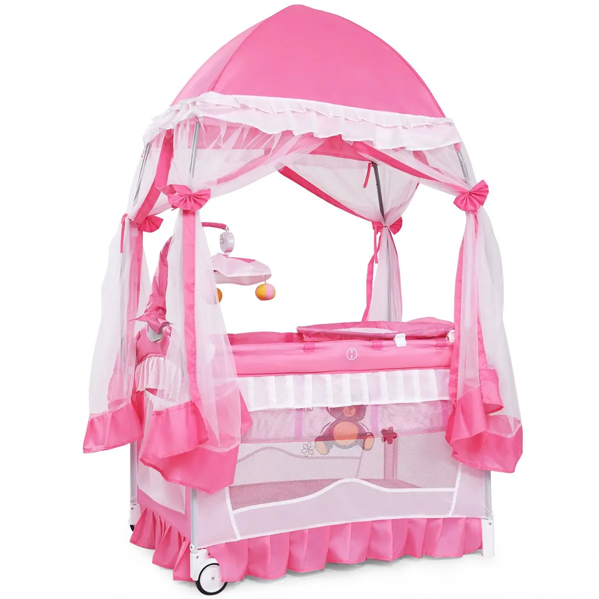 4 in 1 Pack and Play with Canopy, Portable Baby Playard with Bassinet, Double-Layer Baby Crib, Wheels & Brake, Foldable Baby Girl Pink Princess Bassinet from Newborn to Toddler