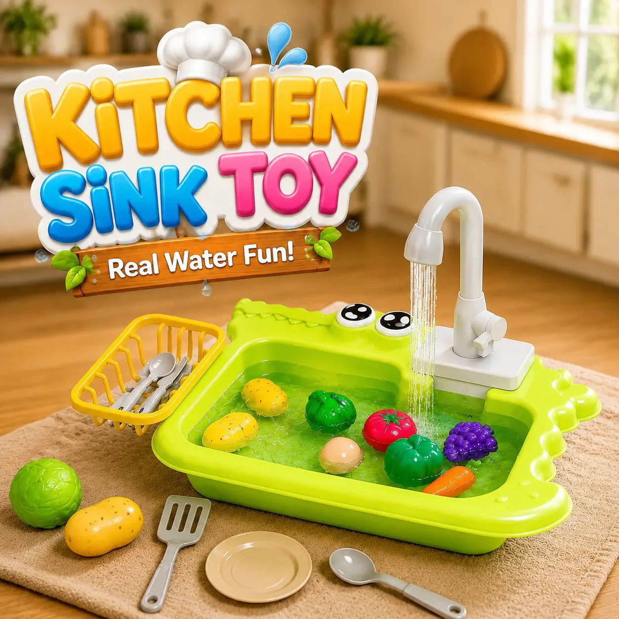 Kids Water Circulation Kitchen Sink Toy Mini Set with Fruit and Vegetable Accessories for Pretend Play Educational Toy for Toddlers 3 Plus Perfect Birthday or Christmas Gift real cooking girl