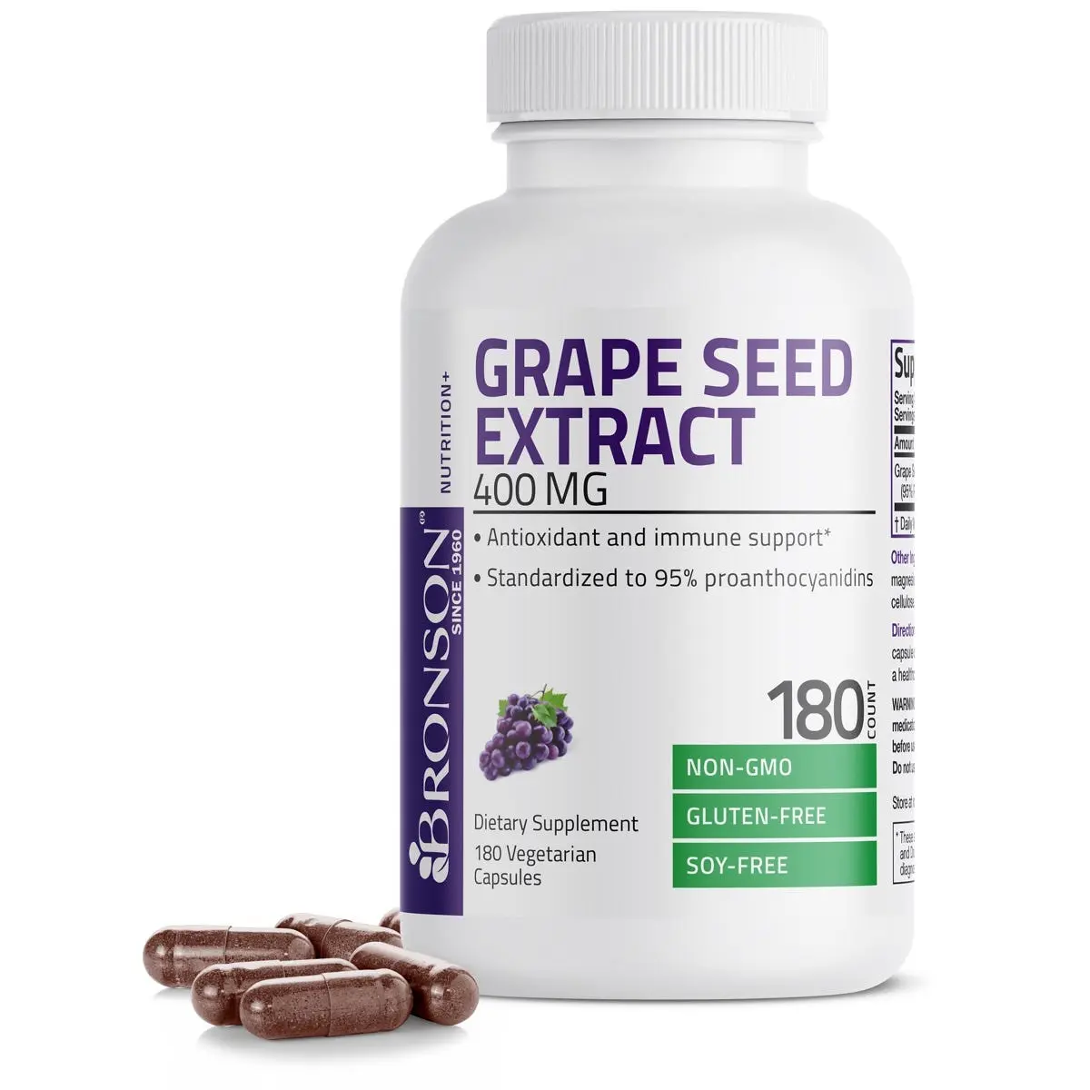 Bronson Labs Pure Grape Seed Extract Capsules - 400 mg, Non-GMO, 95% Proanthocyanidins Standardized Antioxidant Supplement for Adults' Immune & Overall Health Support, Gmo-Free